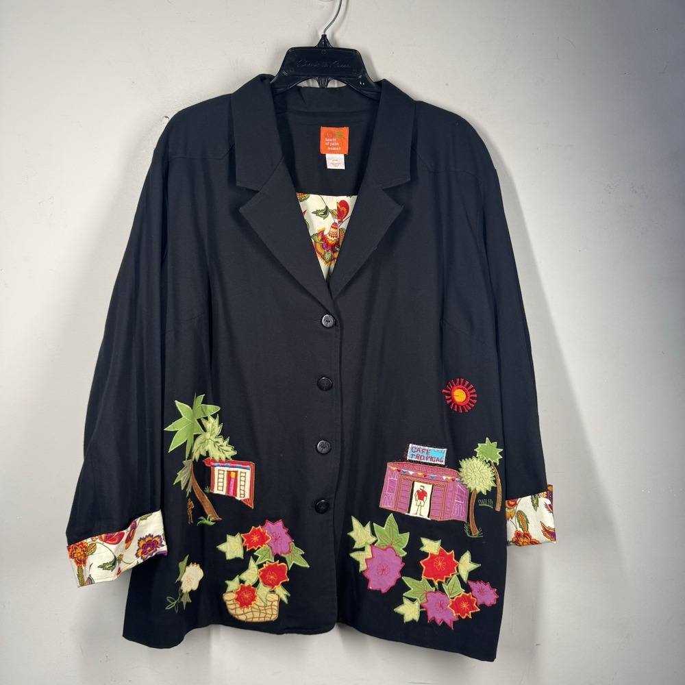 Hearts Of Palm Jacket Women Sz 20W Embroidered Tropical Floral Button Up Lined